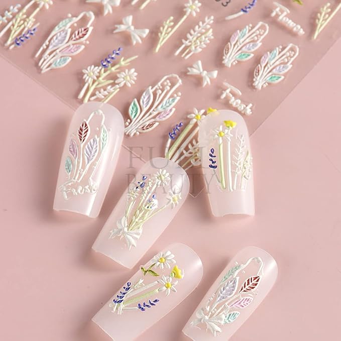 5D Nail Art Stickers 4 Sheets Pink Flowers Geometric Lines Decor Acrylic Embossed Sliders Gold Strips Decals Charms Cherry Blossom Manicure Accessories