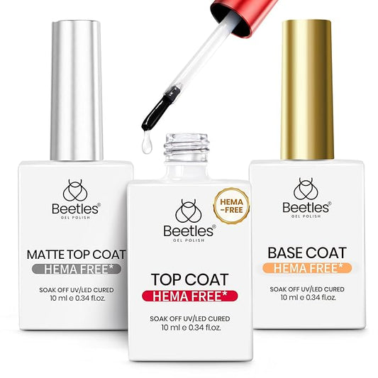 Beetles Hema Free Gel Top and Base Coat with Matte Top Coat Set, 3Pcs for Gel Nail Polish Soak Off UV LED Long Lasting Glossy & Matte Finish Nail Art Essentials