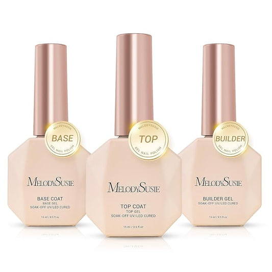 MelodySusie No Wipe Glossy Top Coat Base Coat Builder Gel 019 Set Long Lasting Shine Finish Soak Off UV LED Nail Lamp Nail Art Design Manicure Kit Perfect Gifts for Women Girls 3 Pcs 15ml