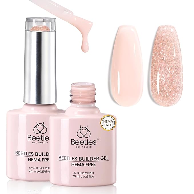 Beetles Builder Gel HEMA-Free-Amber Embrace 2 Colors 7 in 1 Nail Thickening Strengthening Building Apex for Beginner DIY Salon at Home,Nude & Glitter Builder Nail Gel,UV & LED Lamp Cured Needed