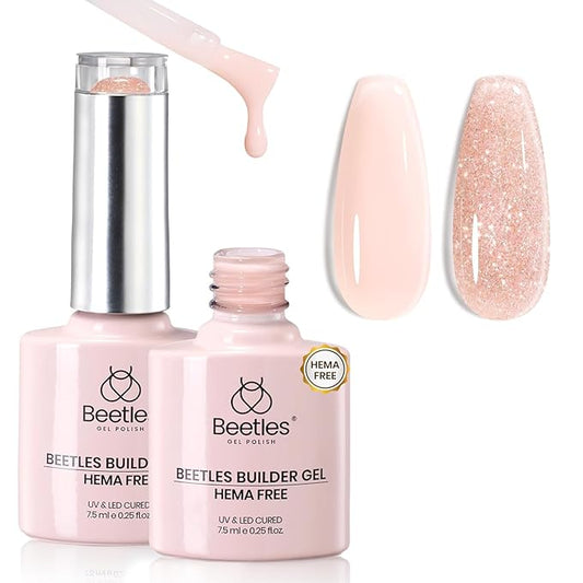 Beetles Builder Gel HEMA-Free-Amber Embrace 2 Colors 7 in 1 Nail Thickening Strengthening Building Apex for Beginner DIY Salon at Home,Nude & Glitter Builder Nail Gel,UV & LED Lamp Cured Needed