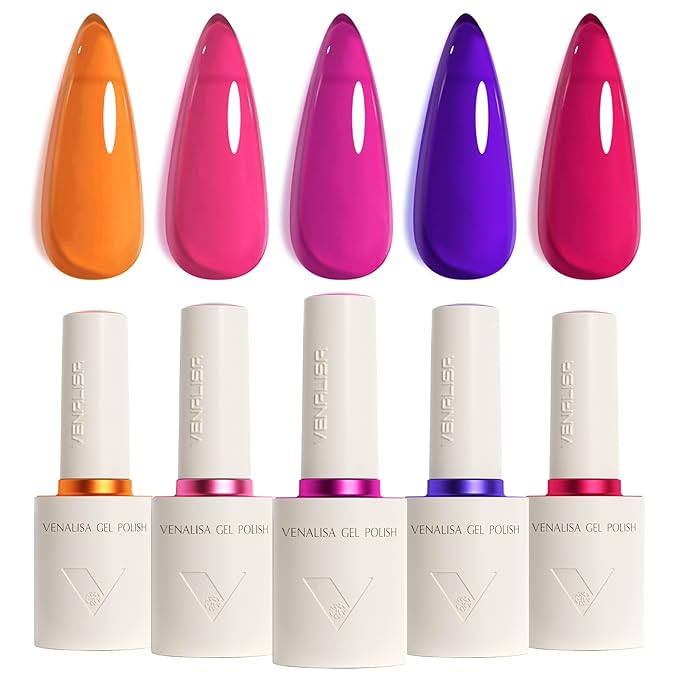 VENALISA Gel Nail Polish Set, 5 Colors 10ML Gel Polish Kit Orange Purple Pink Color Soak Off Salon Manicure DIY at Home Nail Art For Girls Women