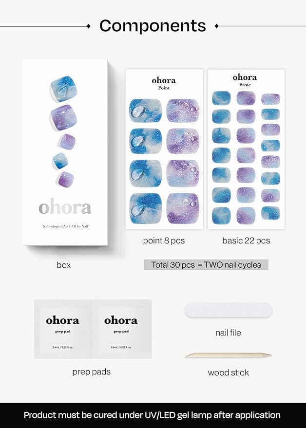 ohora Semi Cured Gel Pedi Strips (P Ajisai Drop) - Works with Any Nail Lamps, Salon-Quality, Long Lasting, Easy to Apply & Remove - Includes 2 Prep Pads, Nail File & Wooden Stick