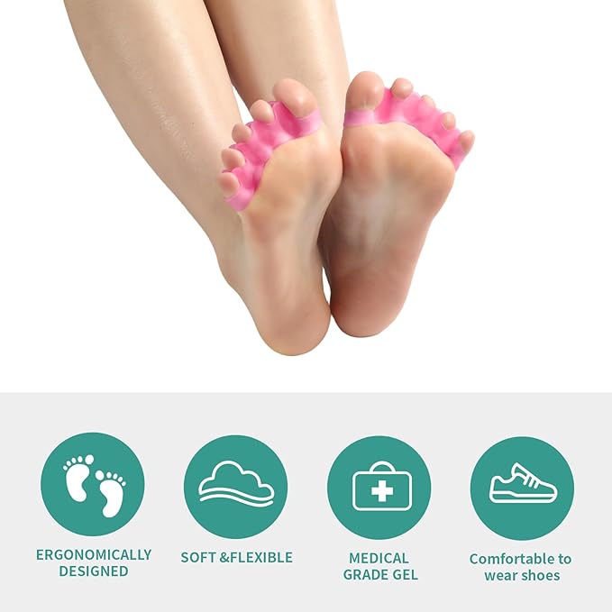 4 Pcs Silicone Toe Spacers – Yoga Toe Separators for Toe Straightening & Relaxation | Correct Overlapping Toes, Bunions, Hammer Toe | Toe Support toe separators for Women & Men (Pink, 3.98)