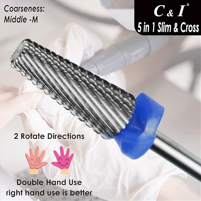 C & I 5 in 1 Nail Drill Bit, Cross & Slim Edition, Professional Nail Drills for Electric Manicure Drill Machine (Middle -M)