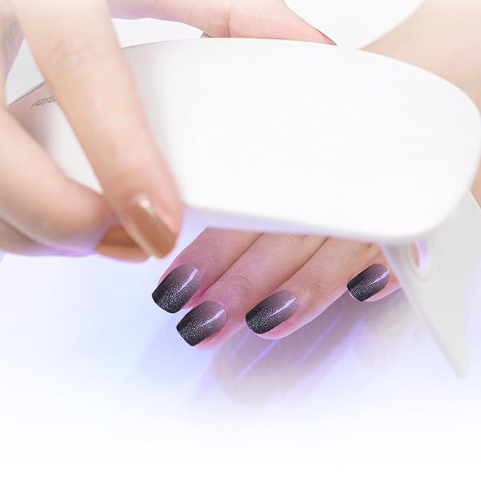 WOKOTO 1 Sheet Semi Cured Gel Nail Strips With Wood Stick, Nail File & Prepared Pads, 20 Tips Black Gradient Glitter Semi Cured Nail Polish Strips, Harden With UV Light Gel Nail Stickers Wraps