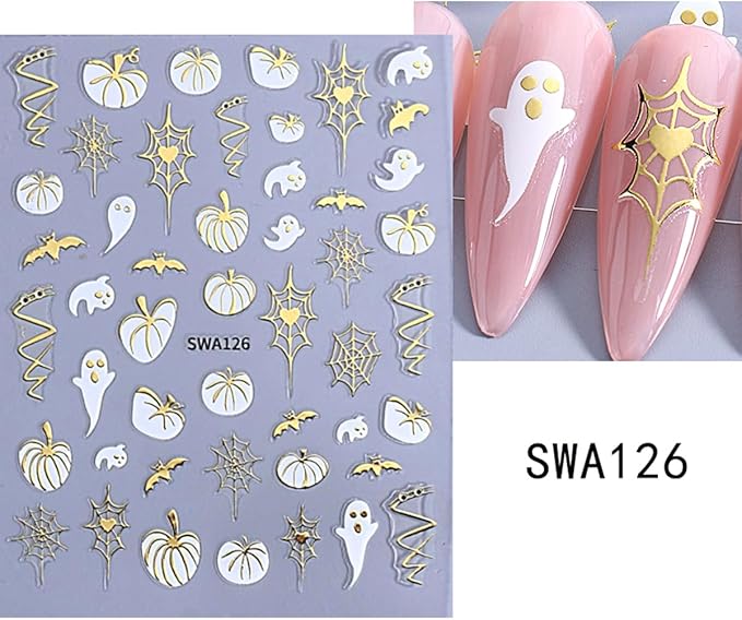 4 Sheets Halloween Nail Stickers for Nail Art 3D Self Adhesive Gold Glitter Nail Art Stickers Spider Web Pumpkin Nail Decals Fall Maple Leaf Nail Supplies for Women DIY Christmas Decorations