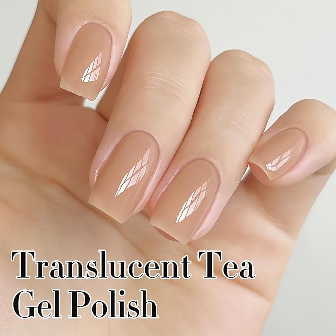 Double Rhythm Gel Polish 15ML Jelly Sheer Pastel Light Milky Color Pearl White Bottle 1 PC 0.5 OZ Full Size Nail Art Salon at Home (Translucent Tea-D1496)