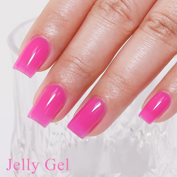 Imtiti Jelly Gel Nail Polish, Hot Pink Sheer Jelly Gel Polish Soak Off UV LED Nail Gel Polish Spring Summer Translucent Gel Polish Nail Art Manicure Salon DIY Design Gel Nail Kit 10ML