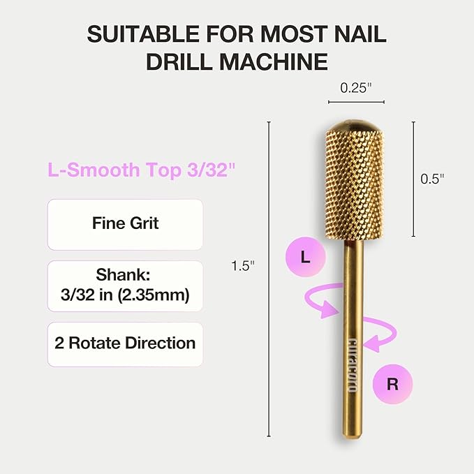 Curacoro Nail Drill Bits 3/32'' - L-Shape Smooth Stop Barrel Carbide Bit (Fine) for Professional Finish, Gently Remove, Buff & Polish Gel Nails, Nail Art Pedicure Manicure Salon & Home