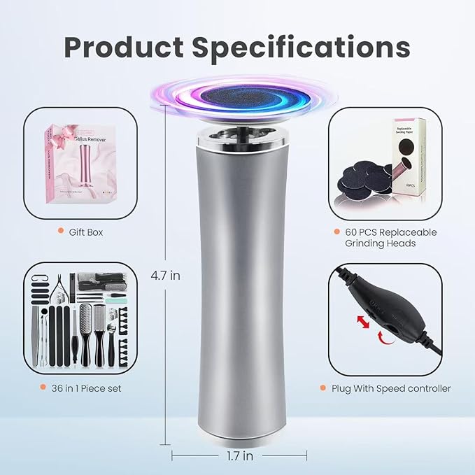 Electric Foot Callus Remover with 36 in 1 Pedicure Kit | Adjustable Speed | Mini Portable | 60 Pcs Sandpaper Discs | Professional Electric Callus Remover for Feet for Dead Skin and Calluses