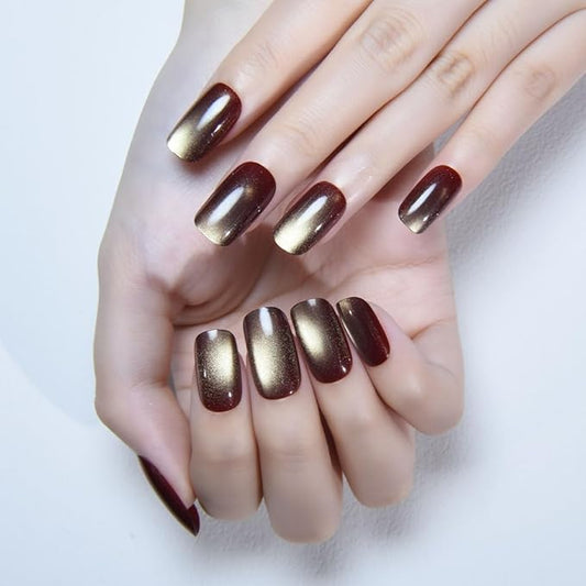Khaki Reflective Cat Eye Press on Nails Medium Square, Medium Square Press Glue on Nails Chrome for Women, Khaki Holographic Glitter Glossy Reusable Gel Acrylic Fake Nail with Designs Cateye Effect