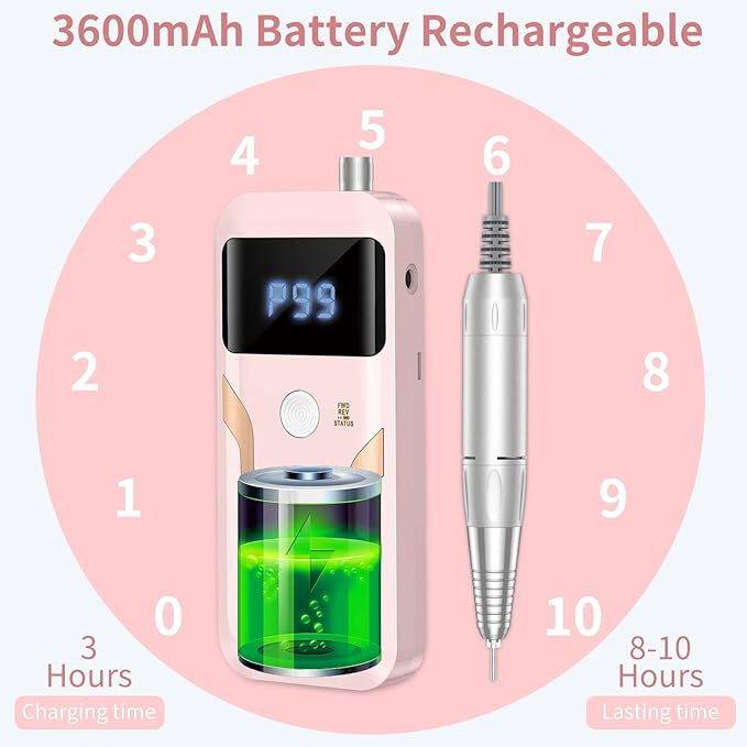 Portable Nail Drill Professional 35000 RPM, MOCOWIND Rechargeable Electric Nail File Machine E File for Acrylic Gel Polishing Removing, Cordless E-File with Bits Kit for Manicure Salon Home, Pink