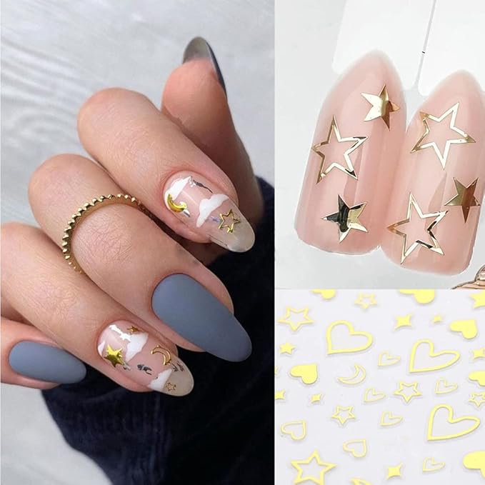 11 Sheets Gold Nail Art Stickers Decal,Stars Moon Nail Decals 3D Self-Adhesive Nail Art Supplies Metallic Stars Moon Planet Heart Glitter Nail Designs Sticker for Women DIY Acrylic Nails Decorations