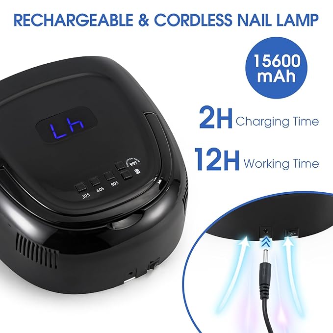 Professional Rechargeable 60W UV LED Portable Cordless UV Light for Nail Lamp Machine with Removable Stainless Steel Bottom,4 Timer Setting and Smart Sensor Nail Dryer (Black)
