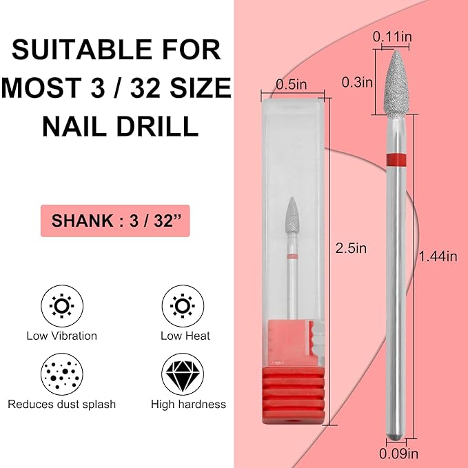 Nail Drill Bits,3/32 Inch Diamond Acrylic Nail Drill Bits with Case,Quartz Pointed Nail Bits for Nails,Cuticle Remover Bits, Manicure Tools (Flame drop, Fine)