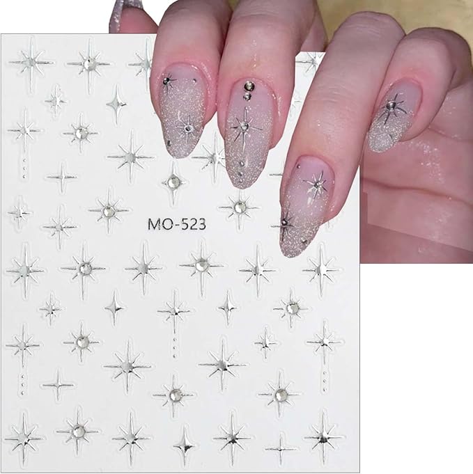 4Pcs Glitter Star Nail Stickers French Tip Nail Art Stickers with Rhinestones Design Star Sticker Gold Silver French Stars Nails Decals DIY Starlight Nails Supplies for Women Frenchs Manicure Charms
