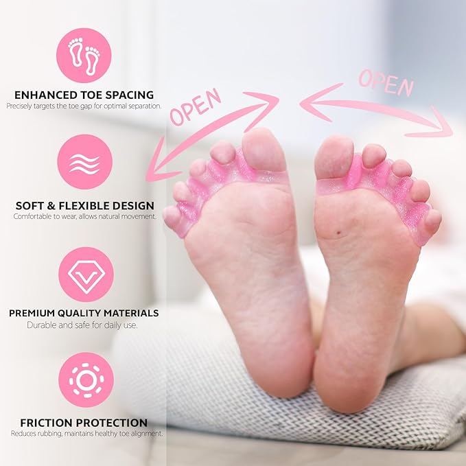 Durable Unisex Toe Separators with Sparkle Design for Yoga & Daily Use - Flexible Silicone toe Spacers for Bunions, One-Size-Fits-All for Men & Women (2PCS) (Pink)