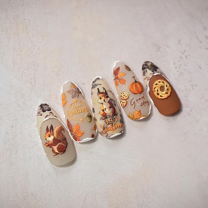 Fall Nail Art Stickers 5D Embossed Self Adhesive Maple Leaf Pumpkin Nails Decals 1PCS Autumn Cute Squirrel Pine Cones Fallen Leaves Design Thanksgiving Nail Stickers for Women DIY Manicure Accessories