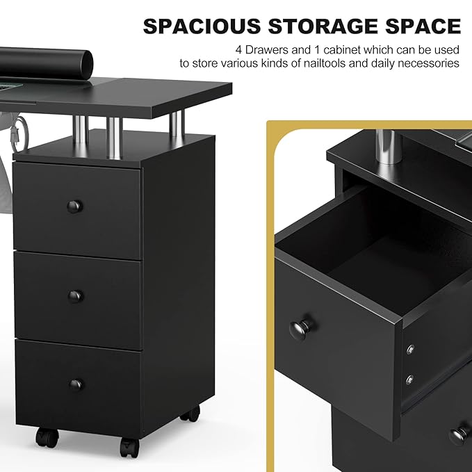 Paddie Manicure Table, Glass Top Nail Makeup Desk Table Station for Tech w/Electric Downdraft Vent, Wrist Cushion, Lockable Wheels, Storage Drawers, Wooden Handles (Black)