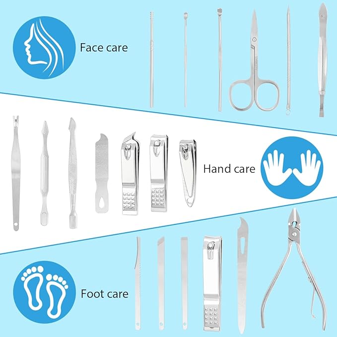 19 Pcs Nail Clippers Set, Stainless Steel Manicure & Pedicure Kit, Professional Finger Nail Trimming & Grooming Kit for Men and Women