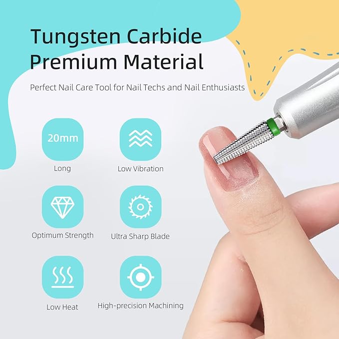 Long 5 in 1 Nail Drill Bits, 20mm Coarse Safety Tapered Nail Bit, Straight Cut Carbide Drill Bits for Nails, 3/32 Two-way, Electric Drills Removal Manicure Thick Gel