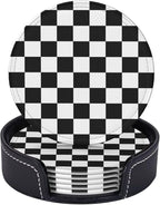 Drink Coasters with Holder Stand Set of 6 Black and White Checkerboard Pu by Unknown