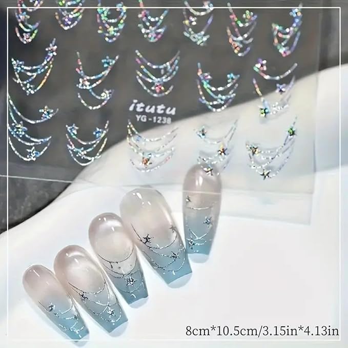 Star Chain Nail Art Stickers Decals Aurora French Star Chains Nail Stickers 1PCS Hot Stamping Silvery Stars Stripe Elegant Self-Adhesive Design Manicure Sliders Accessories for Women Nail Decorations