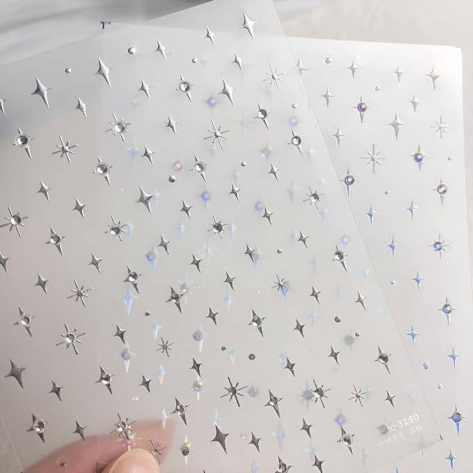 Star Nail Stickers 5D Embossed Star Nail Decals for Nail Art Self Adhesive Silver Aurora Star Nail Art Stickers with Glitter Shiny Nail Art Design Star Nail Supplies for DIY Manicure for Women Girls