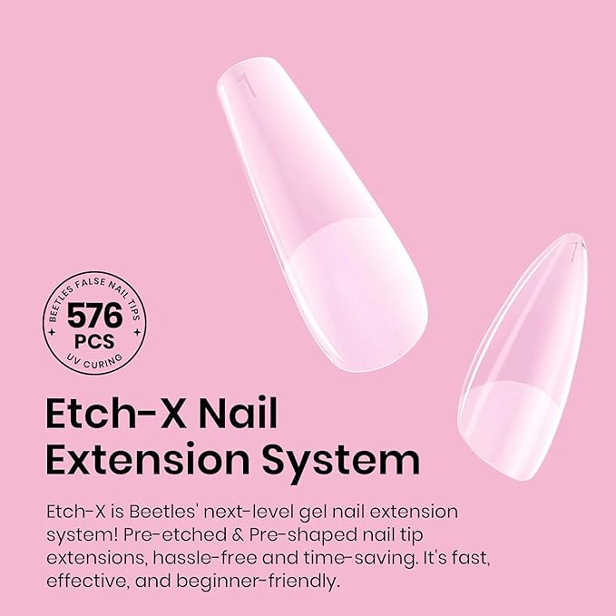 Beetles Medium Almond Nail Tips 576pcs 12 Sizes, Pre-Etched Soft Gel Nail Tips Half Matte Full Cover False Nail Tips Clear Acrylic Nails Glue on Nails DIY Nail Extension Gift for Women