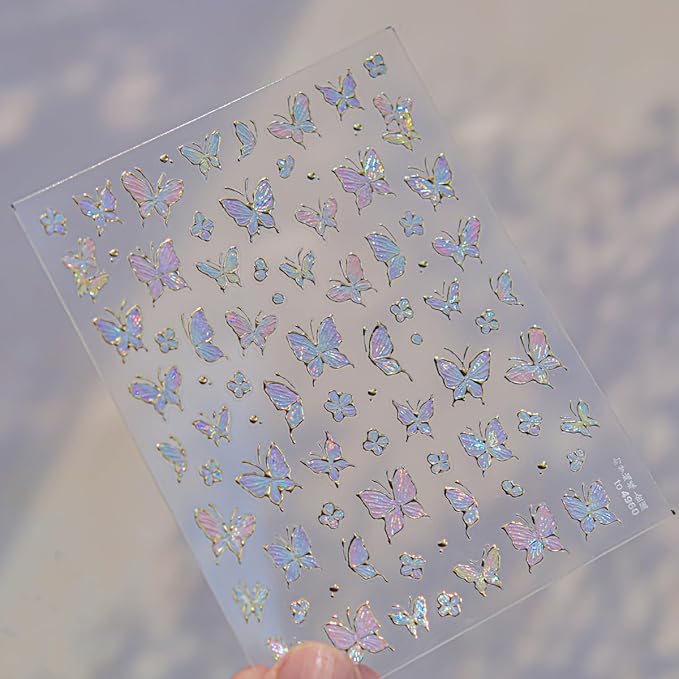 1 Sheet Gradient Butterfly Nail Stickers, Hot Stamping Design Butterfly Nail Decals, 5D Embossed Self-Adhesive Nail Design Stickers for Women DIY Spring Manicure Decoration