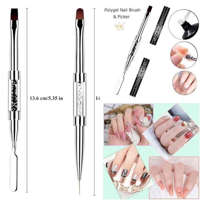 2PCS Professional Nail Art Brushes Set – Dual-Ended French Manicure &gel brush Gel Liner Brush with Rhinestone Handle,nail stamping Acrylic Nails & Home Nail Design gel brush