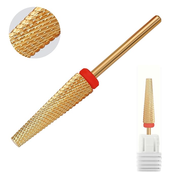 Super Long 5 in 1 Nail Drill Bits, Professional 3/32'' Carbide Tungsten Two Way Rotary Advanced Safety Bits, Fast Remove for Manicure Pedicure Cuticle Acrylic Nails (Gold, Fine-F)