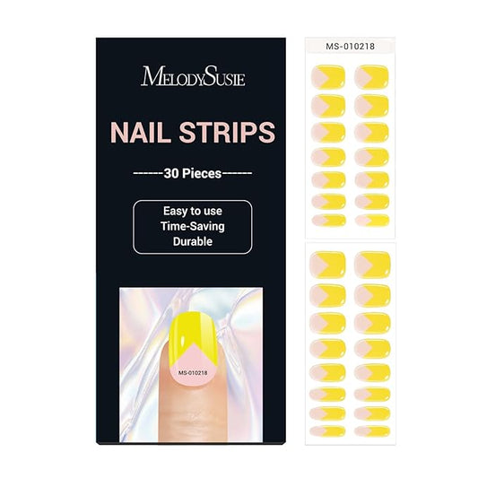 MelodySusie 30PCS Semi Cured Gel Nail Strips (V Shaped Yellow French Tips), Works with Nail lamp, Salon Quality, Long Lasting, Easy to Apply, Includes 2 Prep Pads, Nail File and Wooden Stick