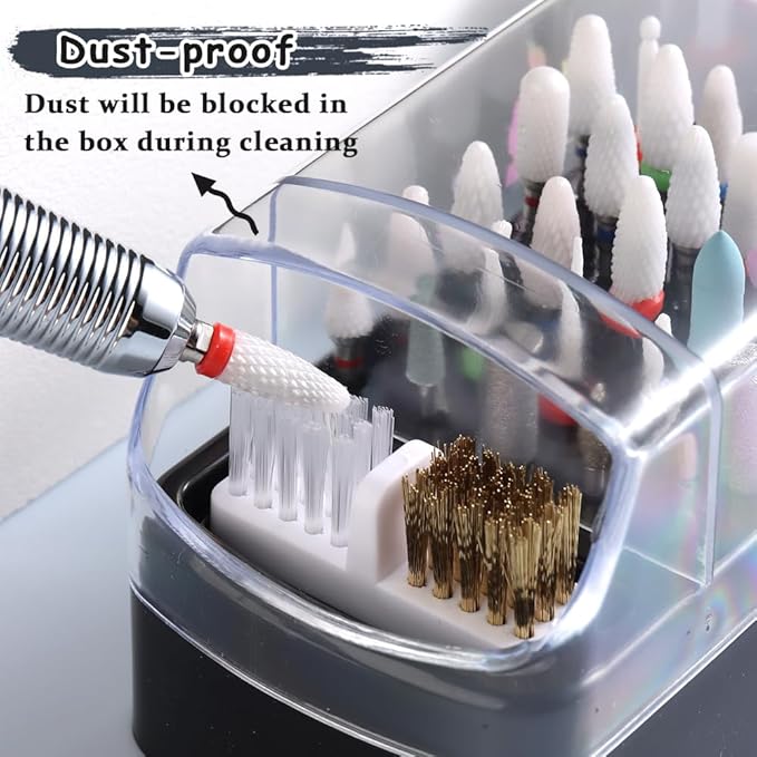 2 in 1 Nail Drill Bits Holder with Nail Drill Bits Cleanser, 30 Holes Dustproof Drill Bits Stand Display Storage Box, Steel Wire & Nylon Double Brush Manicure Drill Cleaning Tools for Home Salon