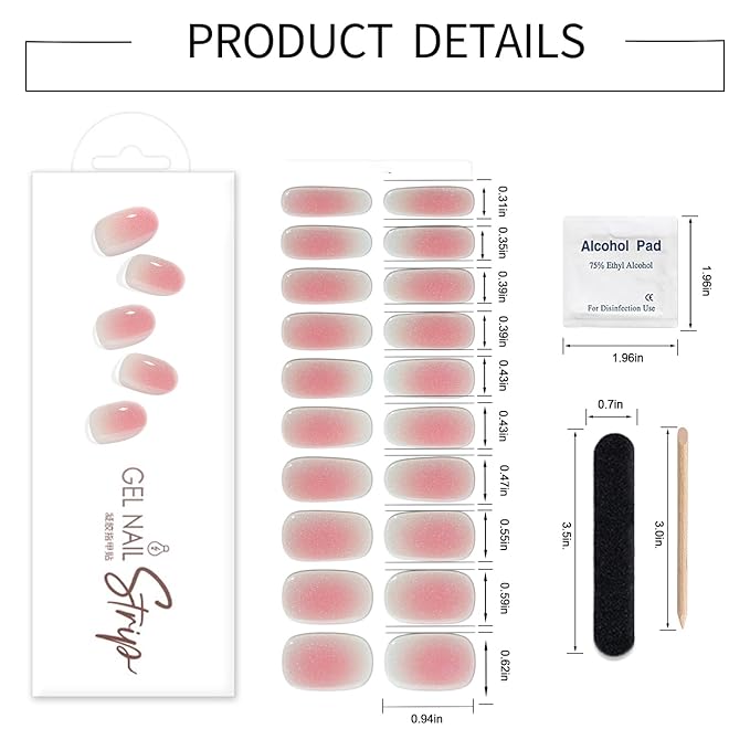 WOKOTO 1 Sheet Semi Cured Gel Nail Strips With Wood Stick, Nail File & Prepared Pads, 20 Tips Shimmery Pink Ombre Semi Cured Nail Polish Strips Stickers, Harden With UV Light Gel Nail Stickers Wraps