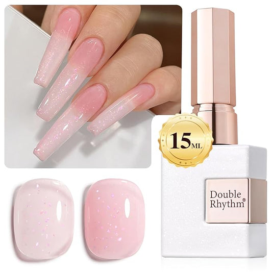 Double Rhythm Gel Polish 15ML Jelly Sheer Pastel Light Milky Color Pearl White Bottle 1 PC 0.5 OZ Full Size Nail Art Salon at Home (Pink Glitter-D1379)