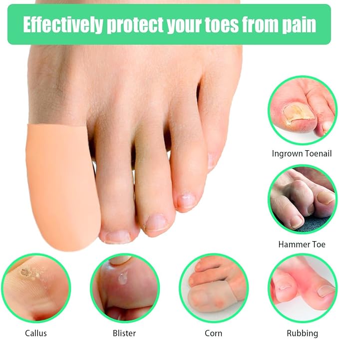 12 Pack Gel Toe Caps and Protectors, Silicone Toe Protectors for Missing or Ingrown Toenails Toe Caps and Sleeves for Shoes Protect Toe from Rubbing and Friction (Large, Beige)