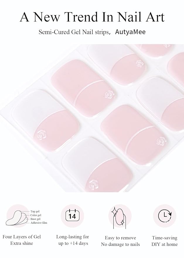 Semi Cured Gel Nail Strips (White Rose French), Chrome, 20 Pcs Gel Nail Wraps, Stickers, UV Light Required, Salon Quality, Long Lasting