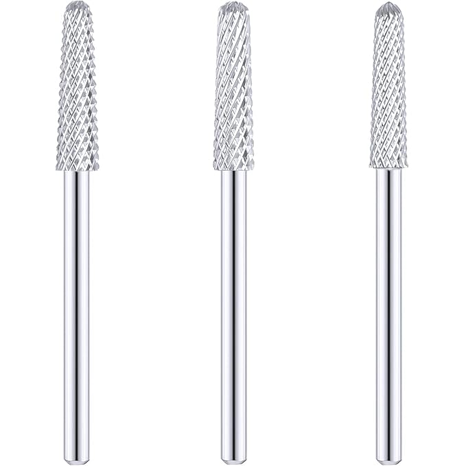 3 Pieces Nail Drill Bits Cone Shape Carbide Nail Drill Bits for Manicure Pedicure Tools Machine, 3/32 Inch Shank Size, Grit Size XF, F, M (Silver)