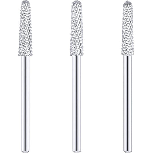 3 Pieces Nail Drill Bits Cone Shape Carbide Nail Drill Bits for Manicure Pedicure Tools Machine, 3/32 Inch Shank Size, Grit Size XF, F, M (Silver)