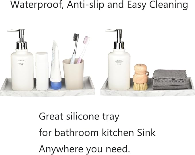 DNC 2PC 7.9" Small Silicone Bathroom Tray for Counter, Vanity Tray for Countertop, Kitchen Sink Soap Tray for Dish Holder Dispenser Toilet Tank Desk Organizer Marble White