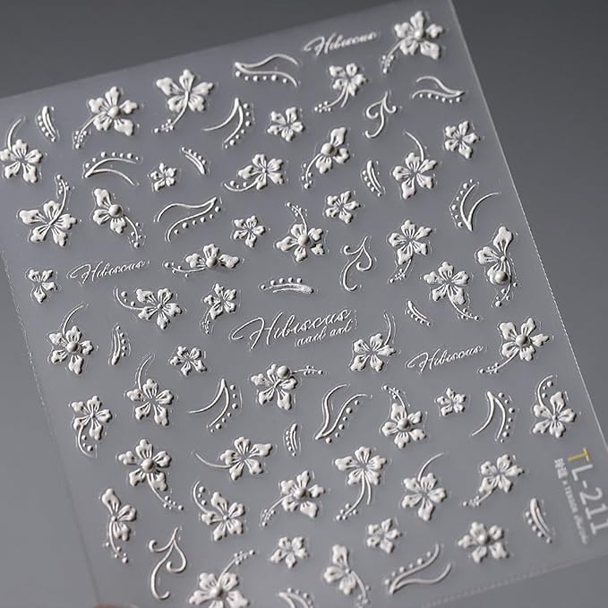 White Flower Nail Art Stickers Decals 5D Embossed Nail Decals Self Adhesive Diamond Flower Nails Stickers Spring Flower Nails Transfer Decals Floral Nails Supplies for Women Nail Art Decorations