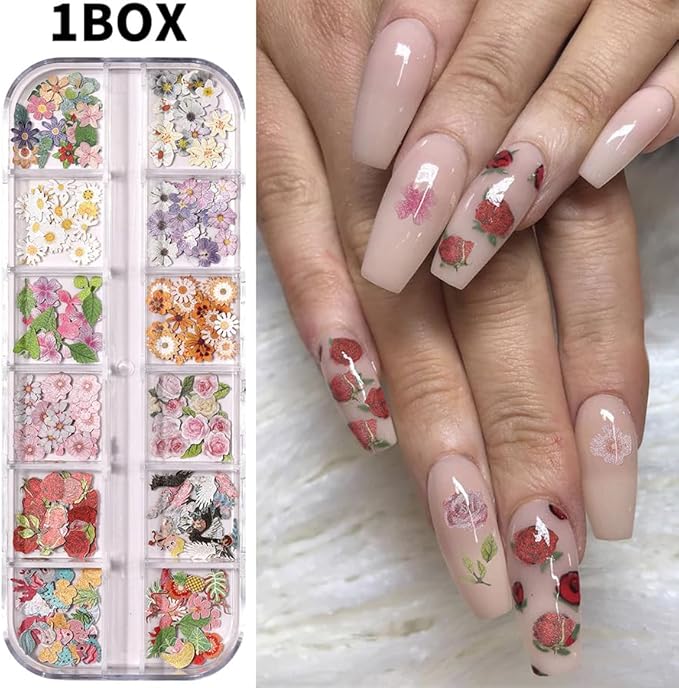 300Pcs 3D Flower Nail Art Charms Sequins Mixed Colorful Nail Flowers for Nail Art Leaves Butterfly Nail Design Slice Nail Flowers Ultra Wood Pulp Flakes Sequins 5