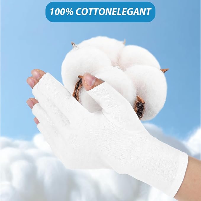 2Pairs White Fingerless Gloves for Women, Cotton Gloves for Dry Hands Sleeping, Fingerless Cotton Gloves Eczema for Sleeping, Overnight, Lotion & Spa Treatment, Moisturizing Night Glove