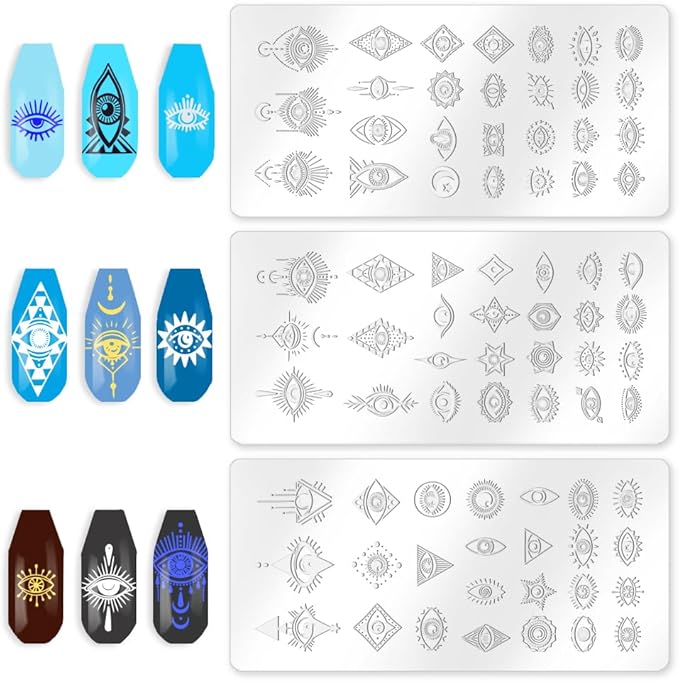 3Pcs Evil Eye Stamp for Nails Mystical Nail Art Stamp Templates Nail Plates Stamping Set Stainless Steel Reusable Tools with Stamper Scraper for Manicure Printing