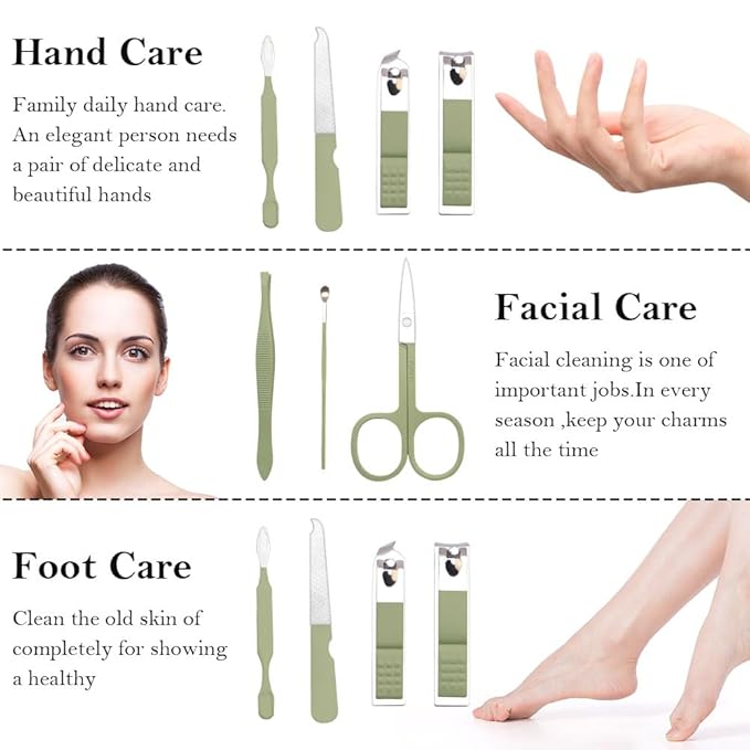 Manicure Set, Nail Clipper Kit, Nail Clipper Set, Nail Care Kit, 8 In 1 Professional Manicure Kit Personal Care, Stainless Steel Facial Pedicure Care Tools, Grooming Kit for Women Men, Green