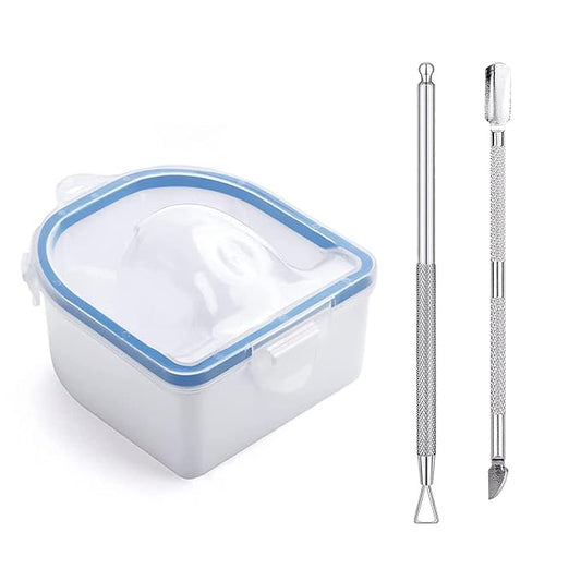 Nail Soaking Bowl, Soak Off Gel Polish Dip Powder Remover Manicure Bowl with Triangle Cuticle Peeler and Stainless Steel Cuticle Pusher Nail Art Tool (Blue-3PCS Set)