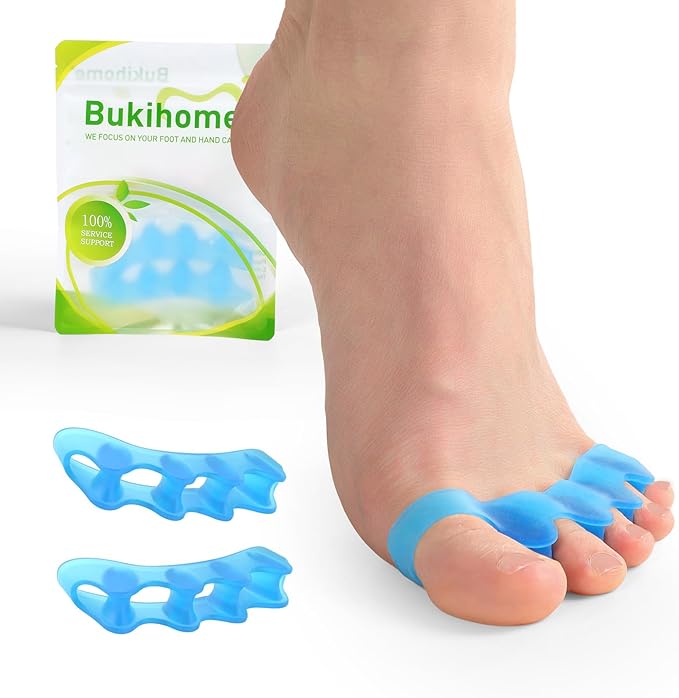 Bukihome Toe Separators, 4 Pair Soft Gel Toe Spacers to Correct Bunions, Toe Stretcher for Therapeutic Relief from Plantar Fasciitis, Foot Pain for Women & Men,Blue+S