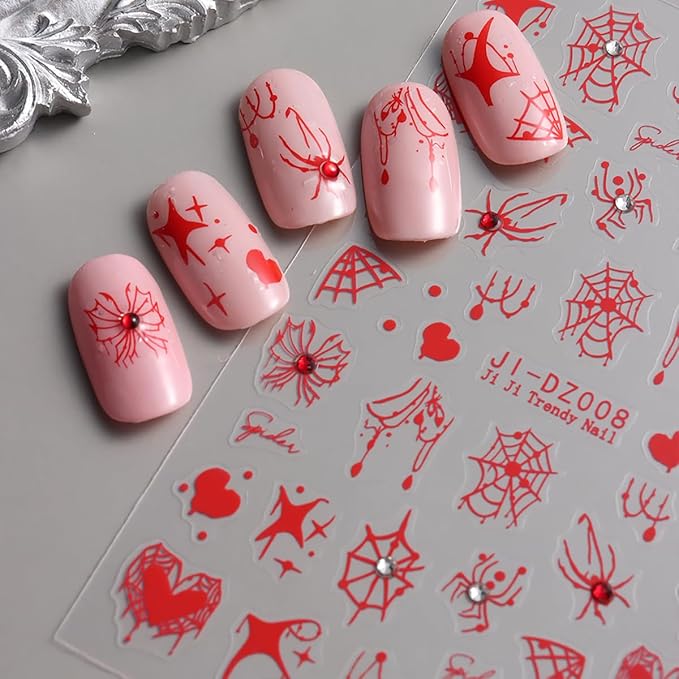 Halloween Nail Stickers 3D Self-Adhesive Spider Web Spider Rhinestone Nail Art Stickers Design Spider Nail Decals Holiday Acrylic Nails DIY Decoration Kit Fall Manicure Supplies for Women 6 Sheets